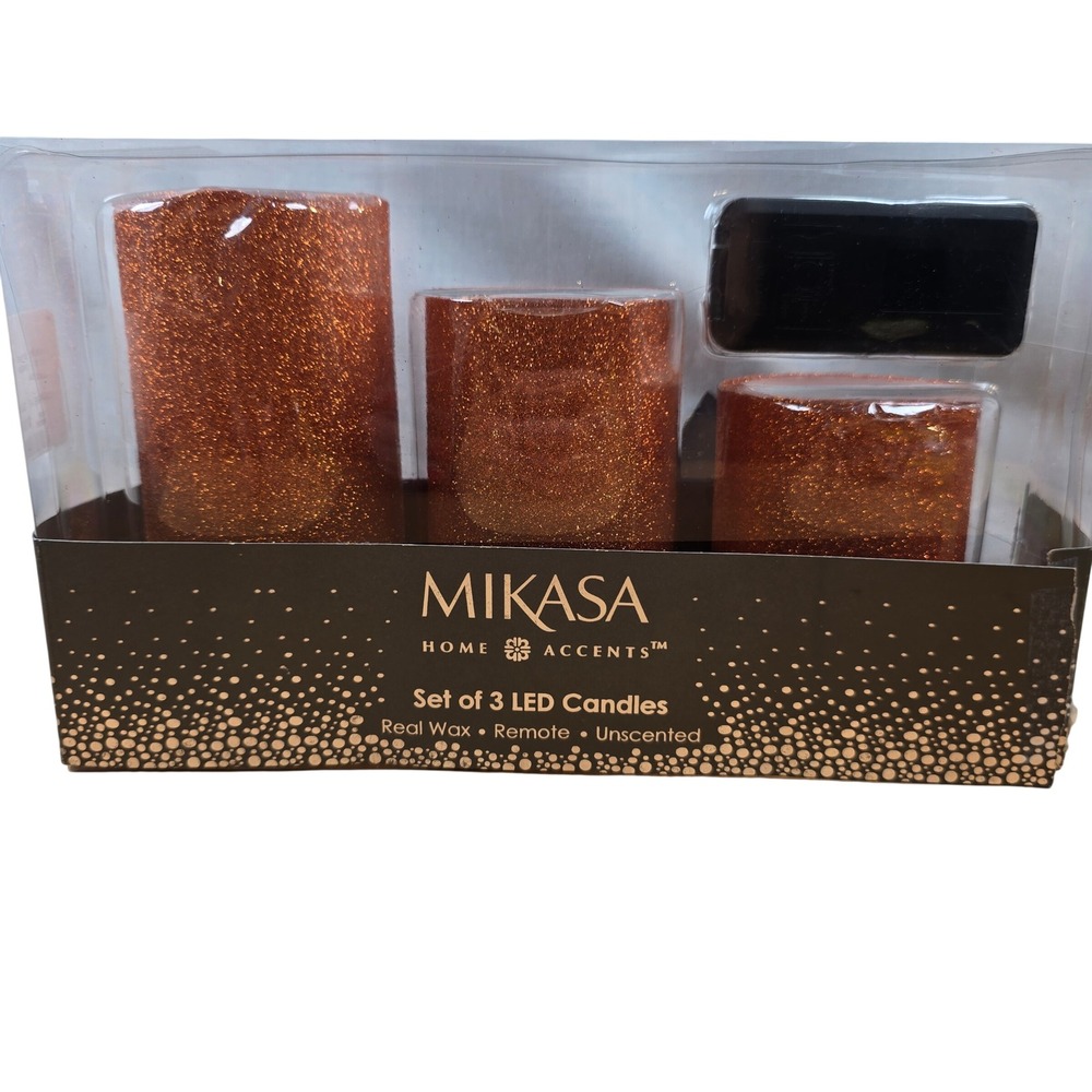 Mikasa Home Accents Set of 3 LED Candles Real Wax Remote Orange Glitter 4"5"6"